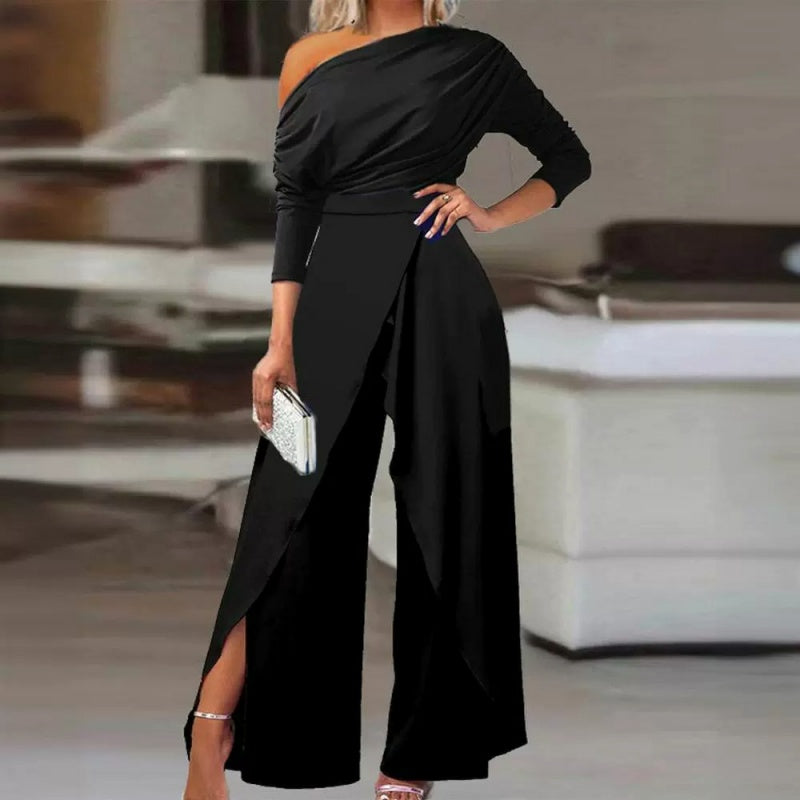 Women's Jumpsuit with One-Shoulder Long Sleeve and Wide Legs