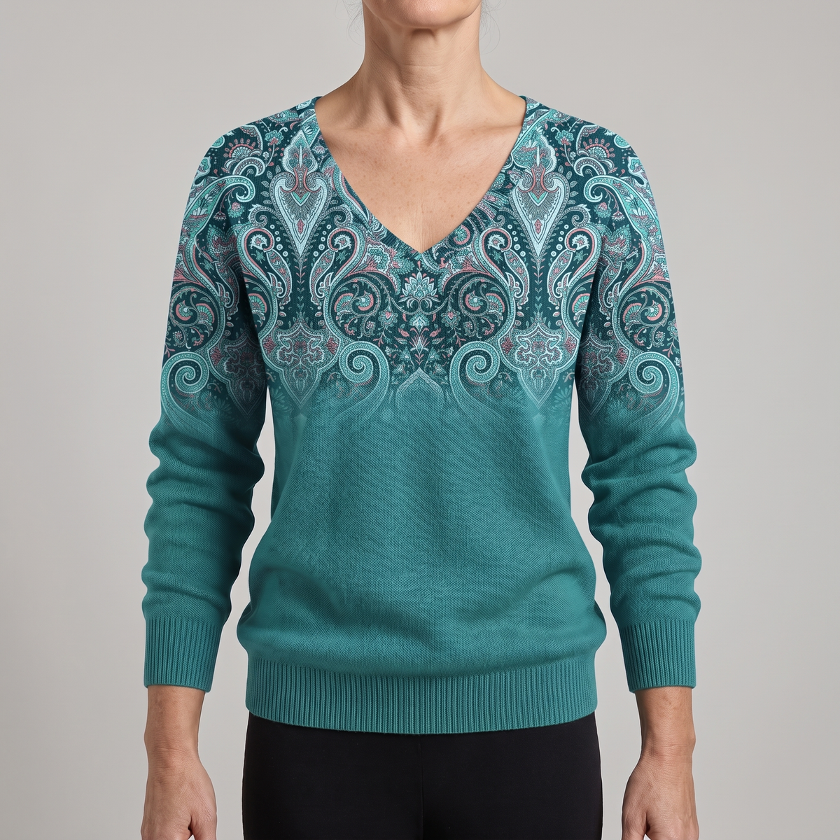 Women's V-Neck Sweater with Paisley-Inspired Neckline and Relaxed Fit