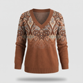 Women's V-Neck Sweater with Paisley-Inspired Neckline and Relaxed Fit
