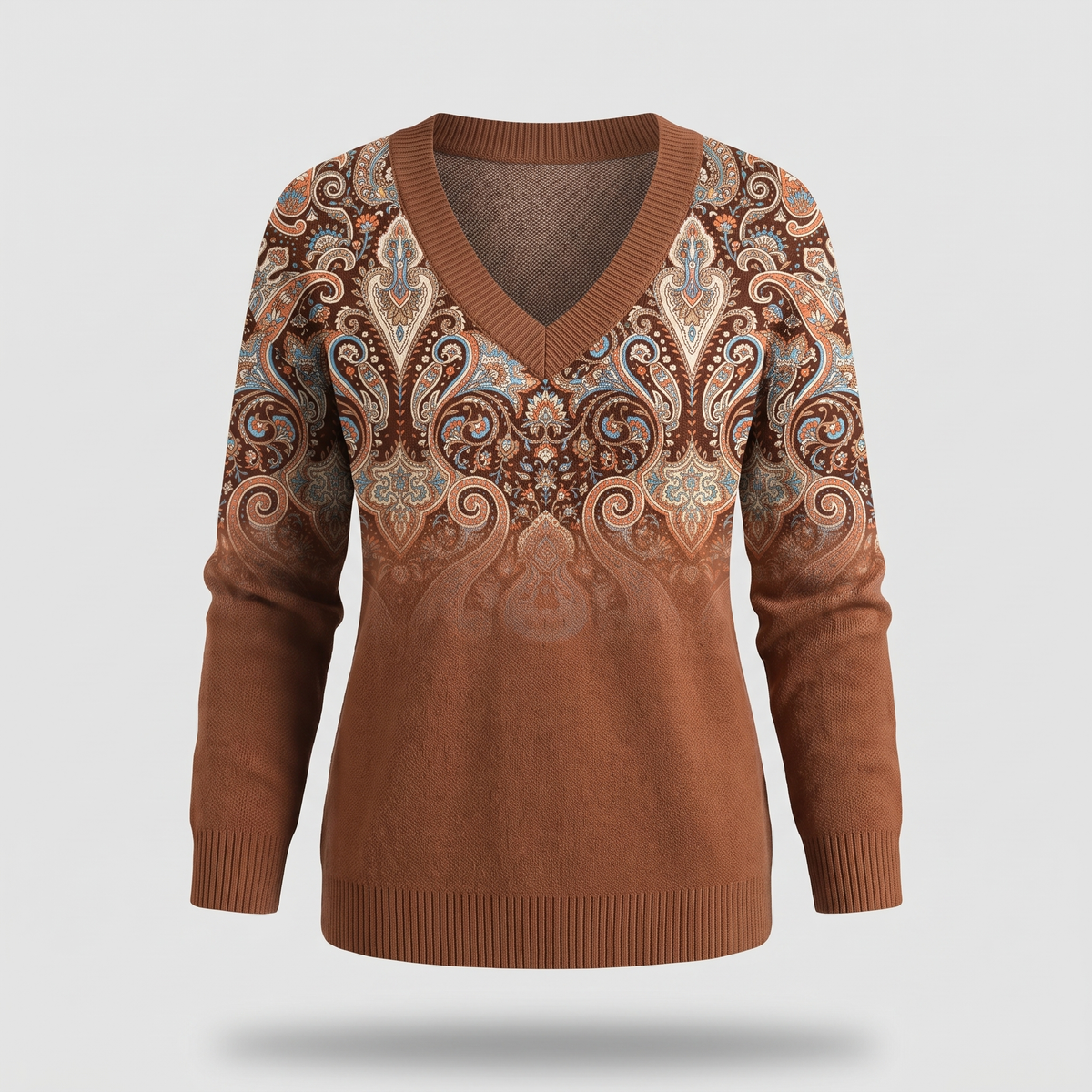 Women's V-Neck Sweater with Paisley-Inspired Neckline and Relaxed Fit