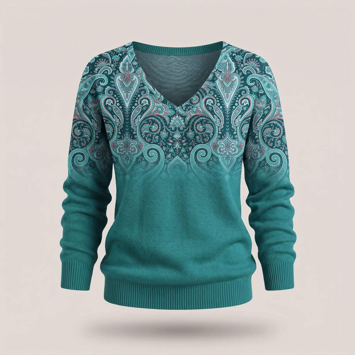 Women's V-Neck Sweater with Paisley-Inspired Neckline and Relaxed Fit