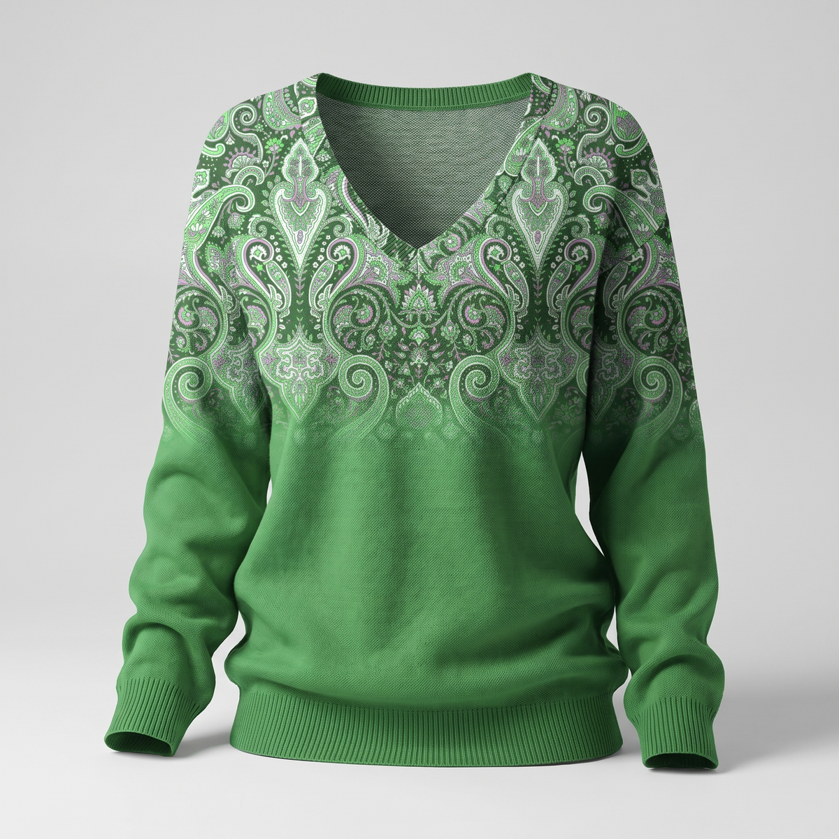 Women's V-Neck Sweater with Paisley-Inspired Neckline and Relaxed Fit