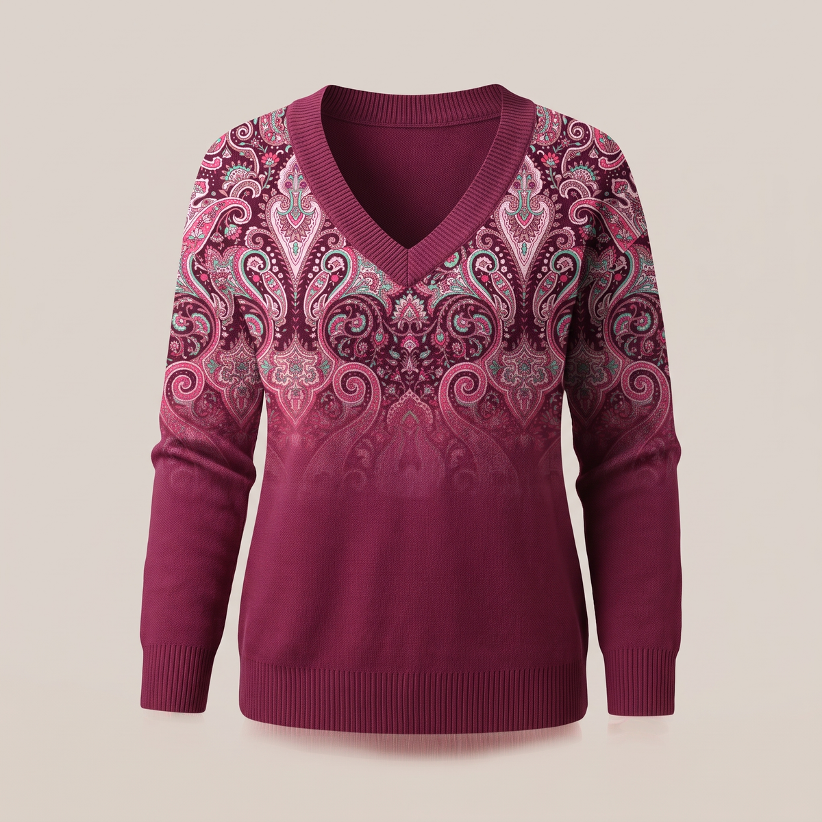 Women's V-Neck Sweater with Paisley-Inspired Neckline and Relaxed Fit