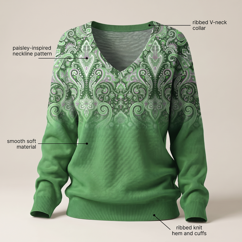 Women's V-Neck Sweater with Paisley-Inspired Neckline and Relaxed Fit