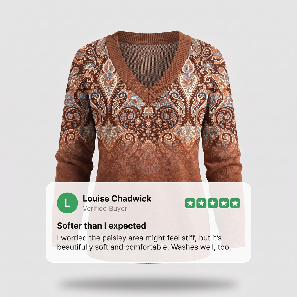 Women's V-Neck Sweater with Paisley-Inspired Neckline and Relaxed Fit