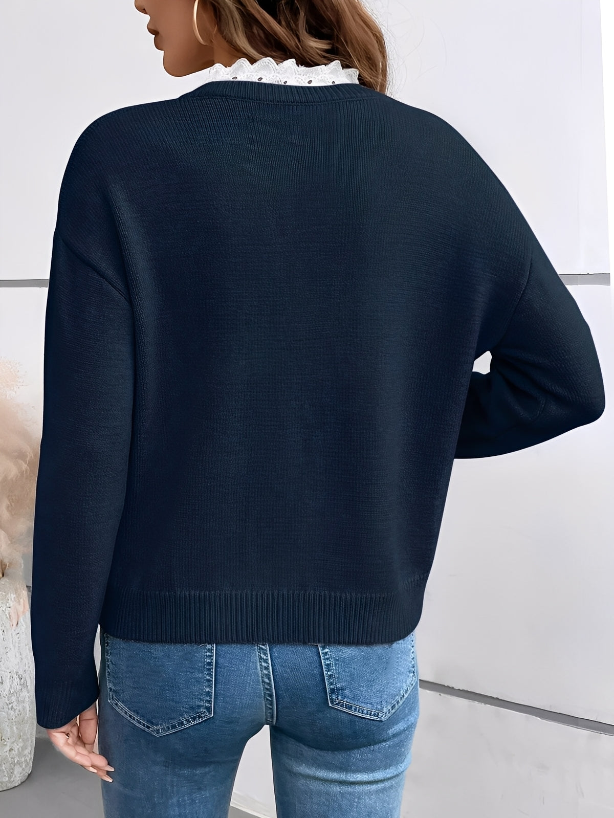 Women's Sweater with Classic Cut and Refined Lace Details