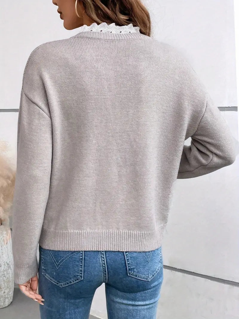 Women's Sweater with Classic Cut and Refined Lace Details