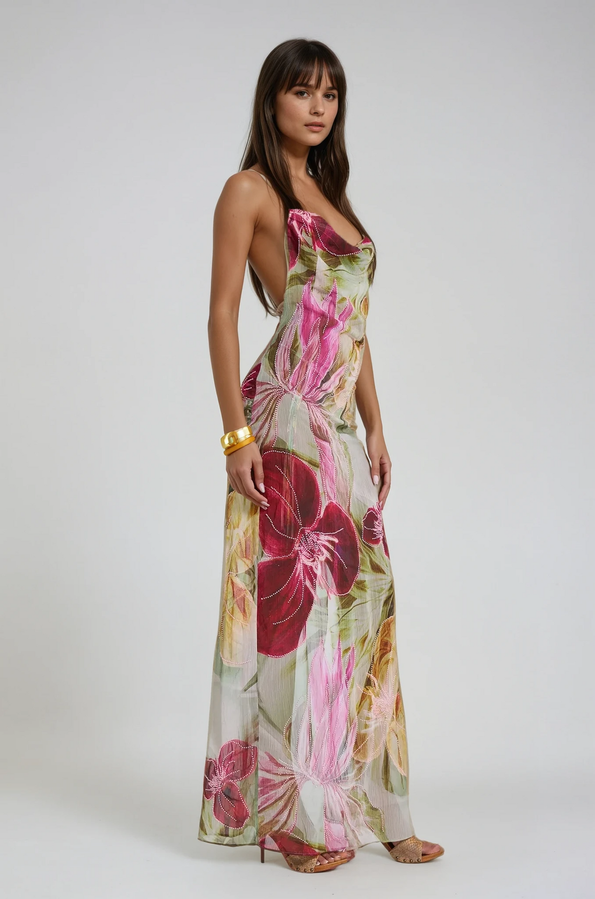 Women's Floral Maxi Dress with Cowl Neck, Thin Straps and Open Back