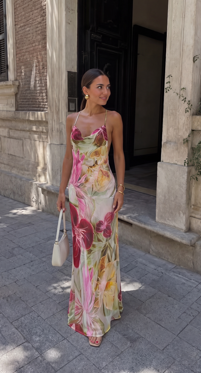 Women's Floral Maxi Dress with Cowl Neck, Thin Straps and Open Back