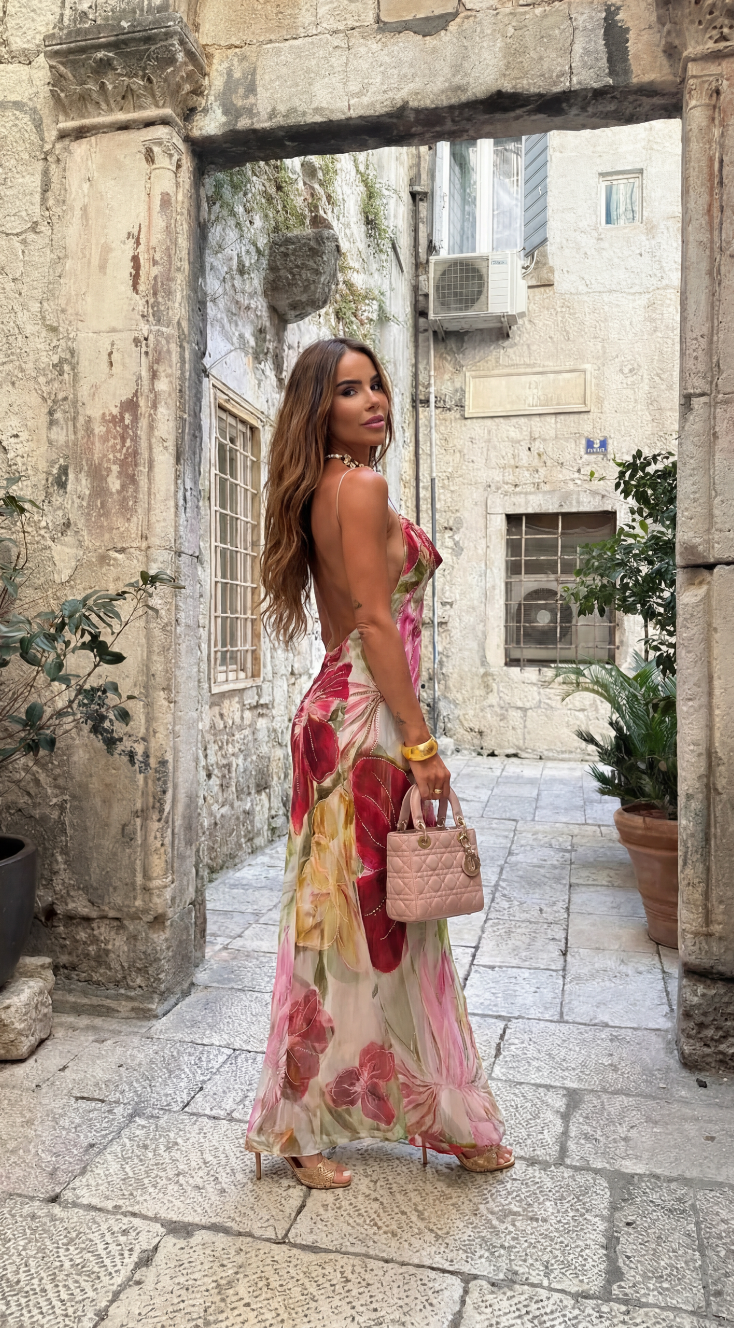 Women's Floral Maxi Dress with Cowl Neck, Thin Straps and Open Back
