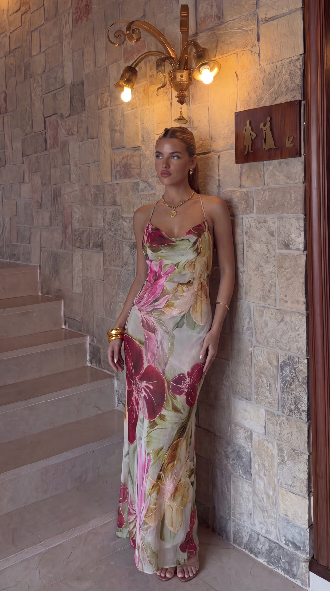 Women's Floral Maxi Dress with Cowl Neck, Thin Straps and Open Back