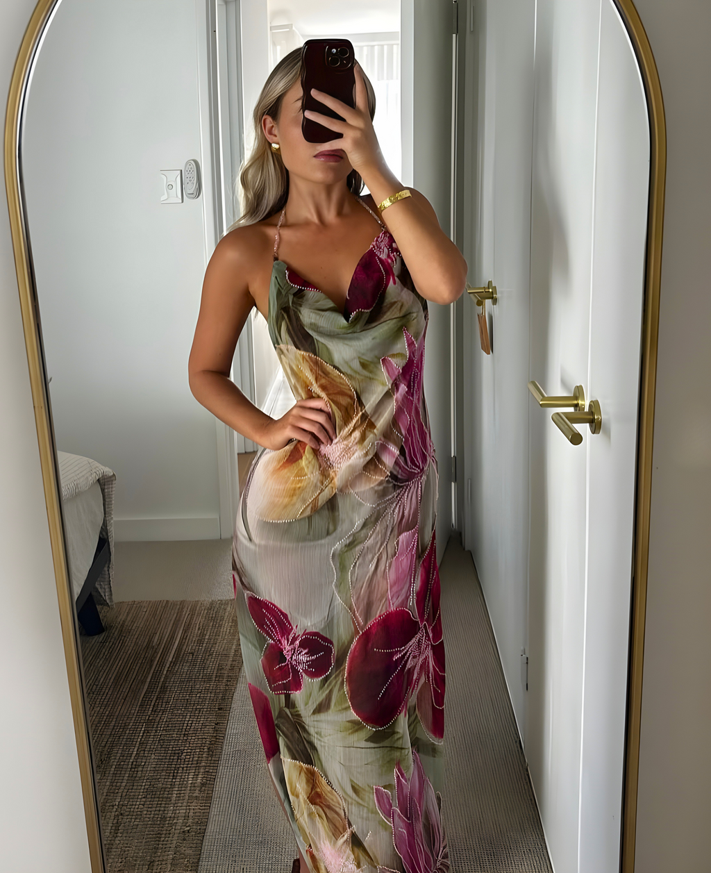 Women's Floral Maxi Dress with Cowl Neck, Thin Straps and Open Back