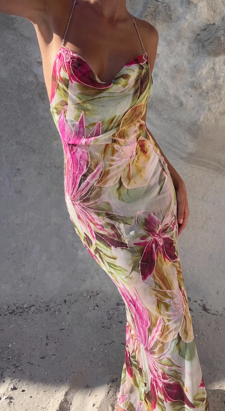 Women's Floral Maxi Dress with Cowl Neck, Thin Straps and Open Back