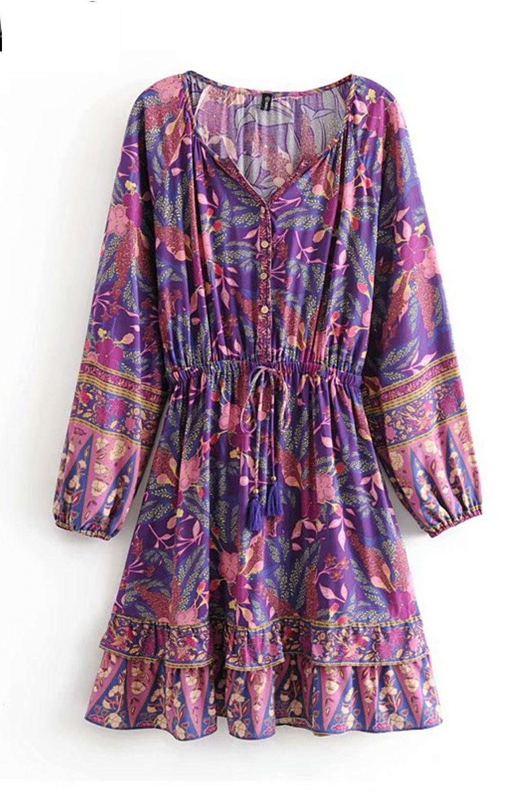 Women's Purple Floral Long Sleeve Mini Dress with Cotton Rayon Blend