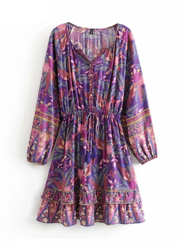 Women's Purple Floral Long Sleeve Mini Dress with Cotton Rayon Blend