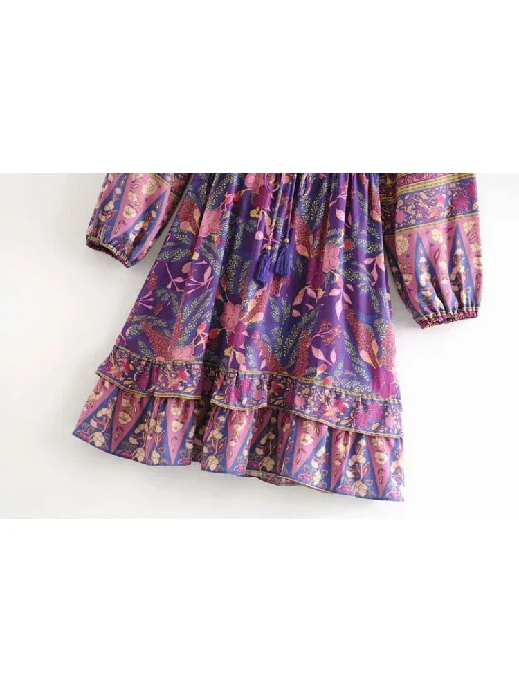 Women's Purple Floral Long Sleeve Mini Dress with Cotton Rayon Blend