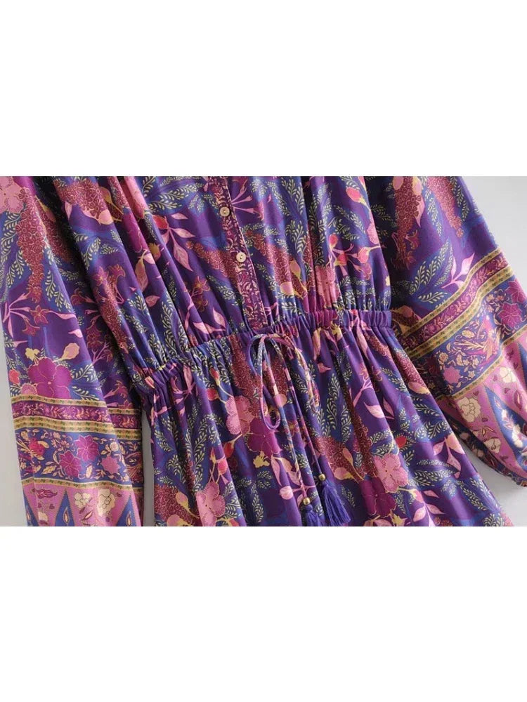 Women's Purple Floral Long Sleeve Mini Dress with Cotton Rayon Blend