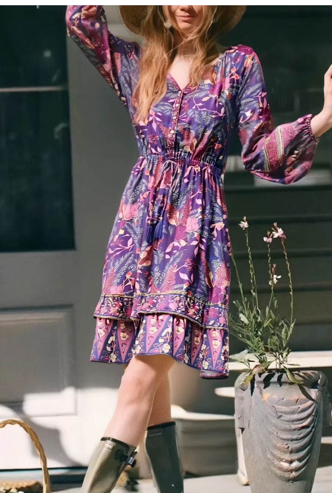 Women's Purple Floral Long Sleeve Mini Dress with Cotton Rayon Blend