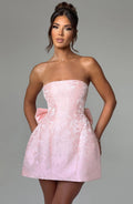 Women's Mini Dress in Blush Floral Jacquard with Lace-Up Back