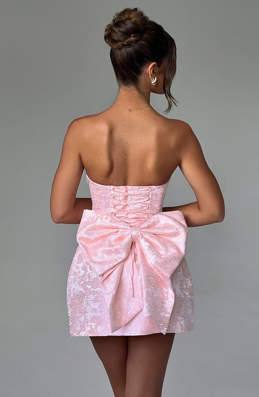 Women's Mini Dress in Blush Floral Jacquard with Lace-Up Back