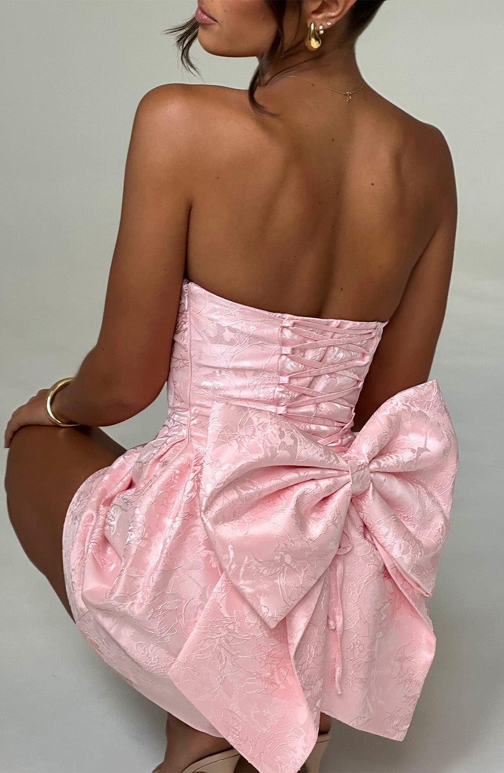 Women's Mini Dress in Blush Floral Jacquard with Lace-Up Back