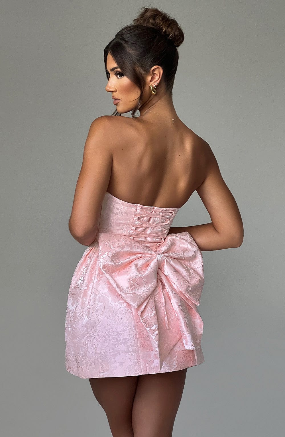 Women's Mini Dress in Blush Floral Jacquard with Lace-Up Back
