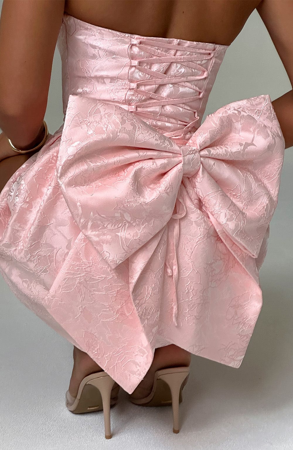 Women's Mini Dress in Blush Floral Jacquard with Lace-Up Back
