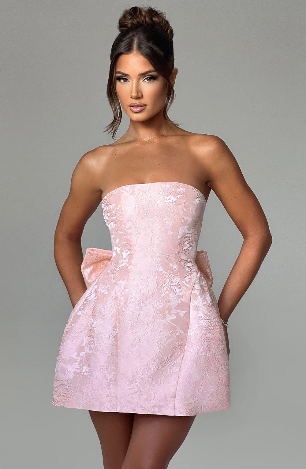 Women's Mini Dress in Blush Floral Jacquard with Lace-Up Back