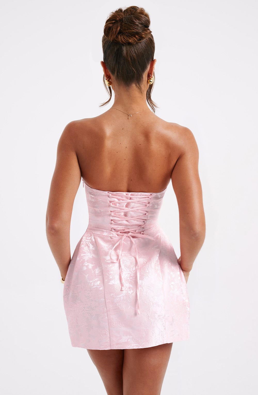 Women's Mini Dress in Blush Floral Jacquard with Lace-Up Back