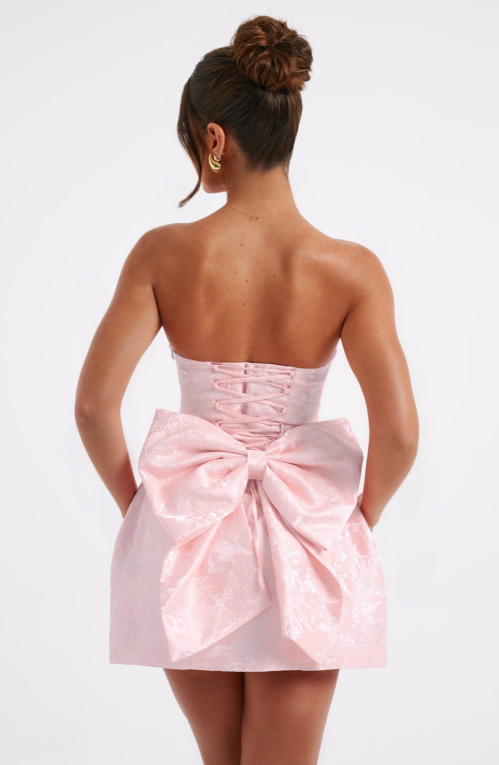 Women's Mini Dress in Blush Floral Jacquard with Lace-Up Back