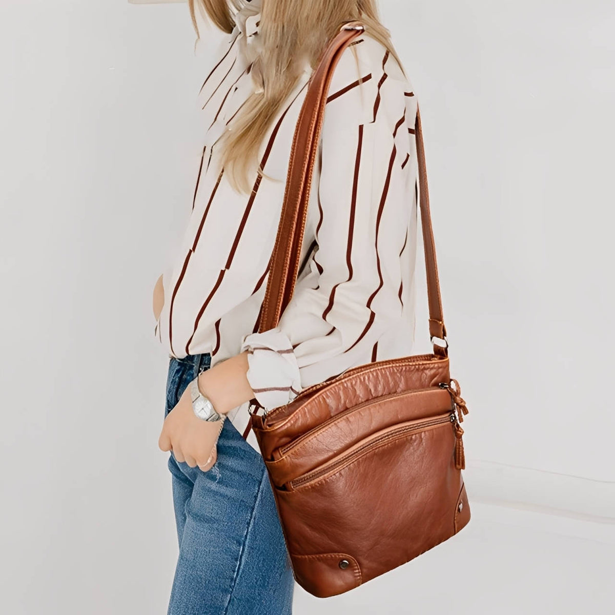Women's PU Leather Crossbody Bag, Seven Pockets, Adjustable Strap